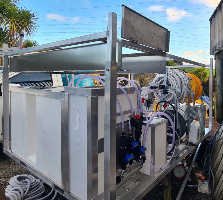 Aluminium soft wash skid — poly tank, hose reels and blend manifold, built by Softwash Source